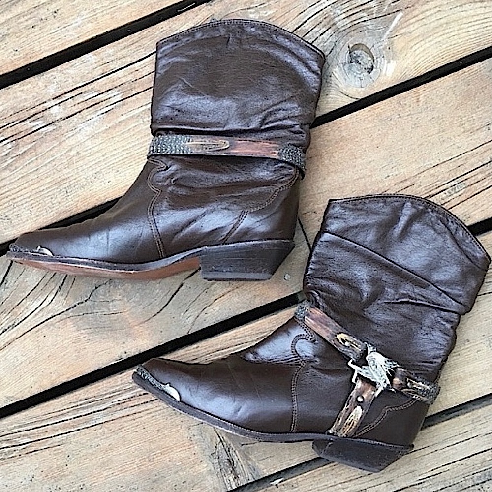 Rare ZODIAC Boots Vintage Moto Brown Leather Silver Gold Floral Feather Size 7.5 - Picture 2 of 11
